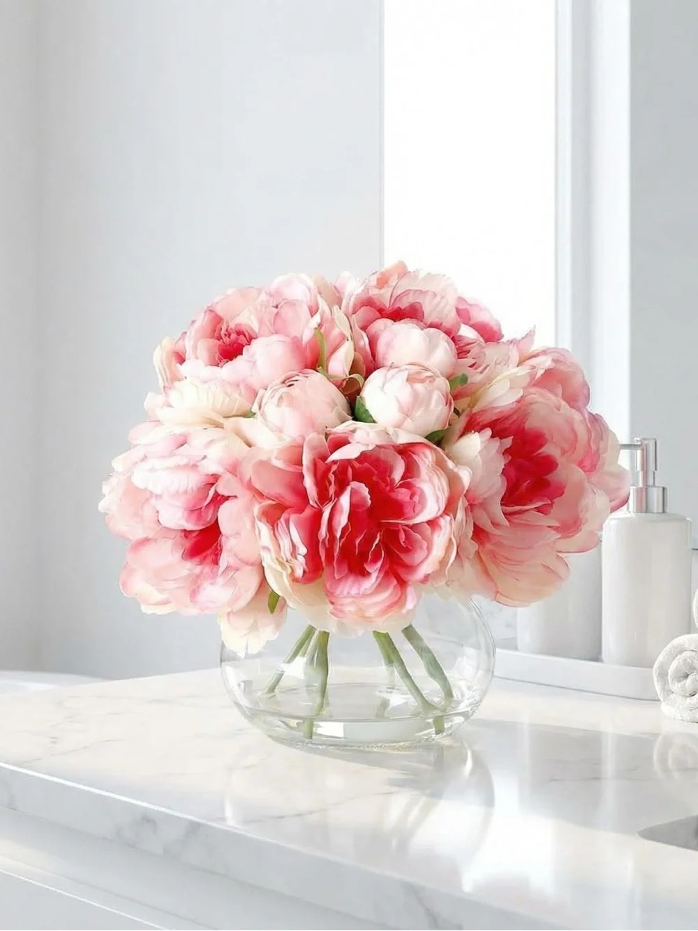 Pink Artificial Peony Bouquet in Glass Vase - Decorative Home Accent